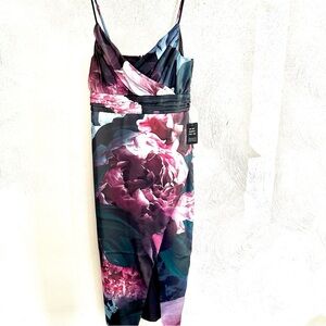 NWT Floral Satin V-Neck Wrap Midi Spaghetti Strap Dress Size 4